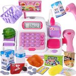 BUYGER 34 Pcs Kids Mini Childrens Toy Till for 3 Year Old Boys/Girls, Pretend Cash Register Till Toy with Scanner for Kid, Role Play Money Shopping toy for toddler, Pink, 24*12.5*16cm