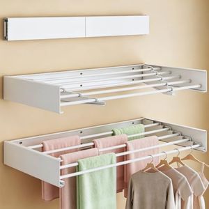 Wall Mounted Foldable Clothes Drying Rack, Collapsible Laundry Drying Clothes Rack, Space Saving Clothing & Towels Retractable Drying Rack with Wall Template Indoor & Outdoor Balcony (White, W31.5'')
