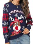 Uniexcosm Womens Ugly Christmas Jumpers Ladies Xmas Knitwear Long Sleeve Crew Neck Merry Christmas Pullover Tops Reindeer Snowflakes Print Casual Sweatshirt Women for Autumn Winter Navy Blue