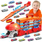 TERRAMUS Dinosaur Transport Truck Toys Car for Boys Aged 3 4 5 6, 3-In-1 Portable Truck Toy with 8 Race Cars, Ejection Folding Dinosaur Track Toy with Sound, Best Gift Carrier Vehicles Set for Kids