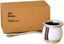 thebmate [Tiny Mate Premium Set Yerba Mate Cup - Crafted Ceramic Teacup - White Leather Wrapped Handmade in Uruguay - Set Mate Tiny with German Silver Bombilla Straw and Cleaning Brush (White)