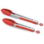 Set of 2 Kitchen Tongs 9-Inch & 12-Inch, Premium Stainless Steel BPA Free Silicone Non-Stick Grilling Barbeque Cooking Locking Food Tongs, Red