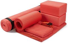 Signature Fitness 7-Piece Yoga Set - Include Yoga Mat with Carrying Strap, 2 Yoga Blocks, Yoga Mat Towel, Yoga Hand Towel, Yoga Strap and Yoga Knee Pad, Red