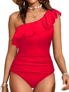 Yonique Women's Two Piece Swimsuits One Shoulder Tankini Tummy Control Bathing Suits Ruffle Swimwear Red 20W