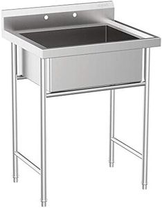 VINGLI Upgraded Free Standing 304 Stainless Steel Utility Sinks for Laundry Room with Backsplash, Industrial Garage Sink Commercial Sink for Restaurant, Workshop – 28" W x 24" D x 40.2" H