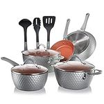 NutriChef Pots and Pan Set 11 Pcs, Non Stick Cookware Set, Pots and Pans, Ceramic Coated, Compatible with All Countertops Including Induction- Gray