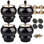 Btowin 3.2 Inch / 8cm Solid Wood Furniture Legs, 4Pcs Black Round Gourd Wooden Bun Feet with Threaded M8 Hanger Bolts & Mounting Plate & Screws for Sofa Couch Cabinet Chair Ottoman