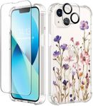 GVIEWIN Designed for iPhone 13 Case 6.1 Inch, with Tempered Glass Screen Protector + Camera Lens Protector Clear Flower Soft & Flexible Shockproof Floral Women Phone Cover (Zinnia/Purple)