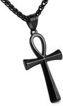 HZMAN Men's Black Stainless Steel Coptic Ankh Cross Religious Pendant Necklace, 22+2" Rope Chain (Black)