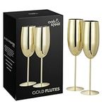 Oak & Steel 6 Gold Champagne Flutes, 280ml - Stainless Steel Gold Prosecco Glasses with Gift Box