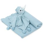 haus & kinder 100% Cotton Knitted Blanket for New Born Baby | Baby All Season AC Blankets | Quilt Wrapper for New Born Boy & Girl | Size 80 cm x 100 cm, 0 to 2 Years | Thumbie with Toy (Blue)