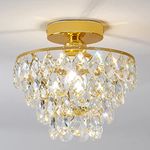 Modern Gold Crystal Chandeliers, Mini Flush Mount Ceiling Light Fixture, Close to Ceiling Lamp Fixture for Hallway Bedroom Bathroom Closet Kitchen Foyer