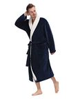 Men's Soft and Warm Bathrobe, Blue Spa Robe with Sherpa Kimono Shawl Collar Unisex (X-Large)