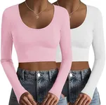 Ekouaer Long Sleeve Crop Tops for Women Scroop Neck Lightweight Basic Base Layer Soft Thermal Undershirts Shirts White/Pink S