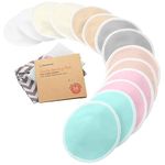 Organic Bamboo Nursing Pads - 14 Washable Breastfeeding Pads, Wash Bag, Reusable Breast Pads for Breastfeeding, Nipple Pads for Breastfeeding, Breastfeeding Essentials(Pastel Touch, L 12cm)