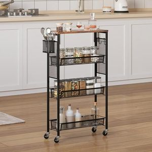 YITAHOME Kitchen Cart with Wheels, 4-Tier Slim Storage Cart, Mobile Utility Cart with Wooden Tabletop and Mesh Baskets, 19.2''x 7.3''x 34.3'', Rolling Cart for Kitchen, Bathroom, Laundry Room
