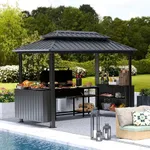 Domi 6x10FT Hardtop Grill Gazebo, Outdoor BBQ Gazebo with Double Galvanized Steel Roof, Patio Grill Canopy with 2 Storage Cabinets and Ceiling Hooks for Backyard, Lawn, Garden, Gray