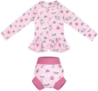 MooMoo Baby Girls Rash Guard Swimsuit Set Reusable Swim Diapers Long Sleeve UPF 50+ Swim Shirt for Swim Lesson and Pool Pink