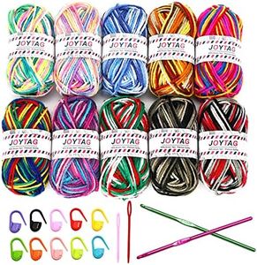 JOYTAG 10 Acrylic Yarn Skeins,Multicolor Crochet Craft for Crocheting and Knitting,with Hooks Knitting Needles Stitch Markers,Crochet Starter Kit Beginners(650 Yard/250g)