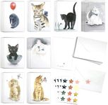 Colour Up Your Day Cute Watercolor Cats Greeting Cards Box of 24 cards with Envelopes and Seal Stickers. All Occasion Blank Thank you cards, Appreciation, Birthday, Sympathy