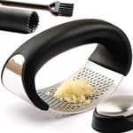 DSL Garlic Press Rocker Set - Premier 304 Food Grade Garlic Crusher, with Easy Peeler, Cleaning Brush, Odour Elimination Metal Soap Bar - Easy to Clean Kitchen Utensils with Minimal Mess