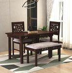 MoonWooden Solid Sheesham Wood 4 Seater Dining Table with 2 Cushioned Chair and 1 Bench 2 + 1 Square Dining Table Set for Home and Living Room Dining Table Set (Walnut Finish)