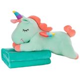 BADAL KIDZ Unicorn Plush Pillow Toy with Reversible Blanket | Blanket Inside The Toy with Zipper Enclosure | Soft & Comforter Sleep Stuffed Toy | Best Return Gift for Infants & Baby Shower (Green)