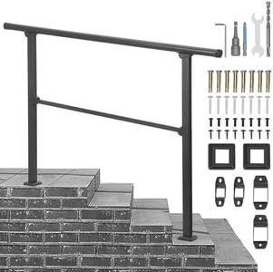 Handrails for Outdoor Steps, 4 Step Handrail Fit 3 or 4 Steps Outdoor Stair Railing, Black Wrought Iron Stair Handrail with Installation Kit, Metal Porch Railing