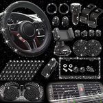 27 Pack Bling Car Accessories Set, Bling Steering Wheel Cover Women Universal Fit 15 Inch, Bling License Plate Frame, Bling Car Vent Outlet Trims, Bling USB Charger, Bling Car Phone Holder (Black)