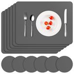 APLKER Placemats and Coasters Set of 6, Heat Insulation PU Leather Table Mats Waterproof Washable Dining Place Mats for Kitchen Indoor Outdoor Party - Grey