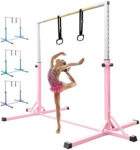 FBSPORT Gymnastics Bar Horizontal Bar with Gymnastic Rings for Kid,13 Height Adjustable, Junior Training Kip Bar Gymnastics Training Equipment for Home Gym Indoor Garden Outdoor Pink