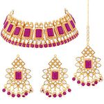 Aheli Traditional Faux Stone Nekclace Earrings Maang Tikka Bollywood Wedding Party Jewelry Set Gift for Women Rectangle Rani Pink