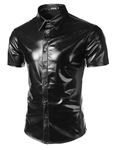 JOGAL Mens Metallic Shiny Nightclub Styles Short Sleeves Button Down Dress Shirts X-Large Black