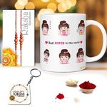 KivStar Rakhi for Sister with Printed Ceramic Mug and Keychain Combo |Pack of 6 (Greeting Card, Roli Chawal, 2 Rakhi, Printed Mug, Keychain) | Best Rakhi Gift for Sister, Gifts for Rakhi, RS-01