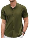 COOFANDY Men's Casual Linen Shirt Band Collar Button Down Short Sleeve Shirt