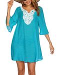 Ekouaer Women's Beach Bikini Cover Up Bathing Suit Lace Crochet Swimwear Tunic Dress Summer Beachwear Aqua Green S