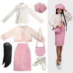 Proudoll 1/3 BJD Doll Clothes Outfit Set - Handcrafted Stylish Fuzzy Bear Jacket, Beret, Pink Dress, Long-Sleeve Shirt, Wig, Leather Bag & High Heels, Compatible with 1/3 60cm 24in SD Dolls