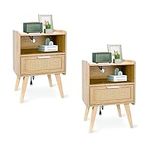 YAUKOMEL Nightstand with Charging Station, Side Table with Drawers, Rattan Furniture, Bed Sdie Table, End Table, Rattan Nightstand Set of 2 with Boho Desk for Living Room, Natural 2CAACTG58YE