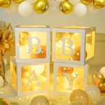 71Pcs Baby Shower Boxes for Boy Girl, 4 String Lights and 4 Transparent Balloon Boxes with 33 Letter(ONE+BABY+A-Z), 30 Party Balloon(Sand White & Gold) Baby Box for Baby Shower Party Decorations