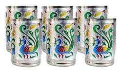 DIGIDEAL Set of 6 Stain Less Steel Glass Indian Hand Made Meena Work Peacock Design Color Diwali Christmas Wedding Tumbler Gift Set Item (Silver)