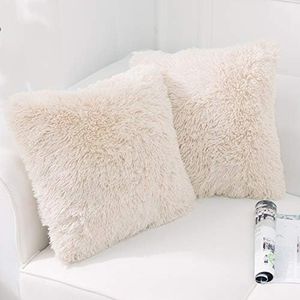 NordECO HOME Pack of 2 Faux Fur Cream Cushion Covers 40 x 40 cm Luxury Fluffy Decorative Fuzzy Square Throw Pillow Case 16 x 16 for Sofa Decor