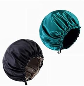 Jindizi Night Cap, 2 Pcs Reversible Silk Bonnet Sleep Cap, Adjustable Waterproof Satin Hair Cap Double Layer Satin Bonnet for Women Girls Black Curly Hair Black and Blue