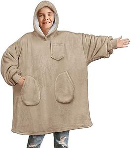PAVILIA Wearable Blanket Sweatshirt for Kids Boy Girl Taupe Tan, Warm Cozy Giant Blanket Hoodie, Fleece Sherpa Oversized Blanket Sweatshirt with Sleeves, Two Pocket, Christmas Gift
