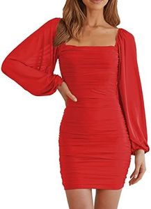 MEROKEETY Women Square Neck Lantern Long Sleeve Mesh Ruched Bodycon Clubwear Mini Dress, Red, Medium