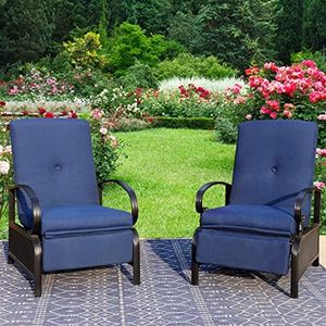 MFSTUDIO Patio Adjustable Recliner Chair Set of 2, Outdoor Metal Reclining Lounge Chairs with 100% Olefin Removable Cushions, Outdoor Adjustable Lounge Chair Set, 300lbs (Navy Blue)