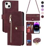 ELTEKER Phone Case Compatible with iPhone 15 Crossbody Lanyard Case Wallet with Shoulder Strap, [9 Card Slots] RFID Blocking Zipper Pocket Leather Flip Kickstand Case for iPhone 15 -Wine Red