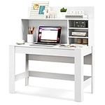 Tangkula Computer Desk with Hutch, Home Office Desk with Bookshelf, Writing Study Desk with Anti-Toppling Device & Cable Hole, Modern Computer Workstation PC Laptop Desk for Small Space (White)