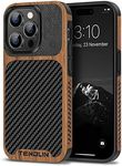 TENDLIN Compatible with iPhone 14 Pro Max Case Wood Grain with Carbon Fiber Texture Design Leather Hybrid Slim Case Black