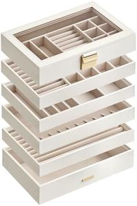 SONGMICS Scatola Portagioie con 6 Vassoi Impilabili, Porta Gioielli Capiente, Coperchio in Vetro Chiaro, 17 x 28 x 25,3 cm, per Cassetto Toeletta, Idea Regalo, Bianco Nuvola JBC195W01