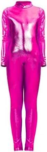 YgneeDom Girls Shiny Metallic Long Sleeve Unitard Spandex One Piece Wet Look Kid Bodysuit, Hot Pink, Medium